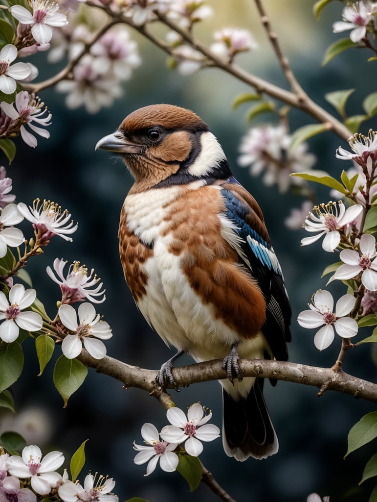 Eurasian Magpie sitting in a blooming white lilac painted in watercolour