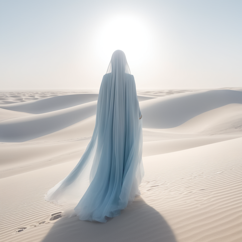 view from behind(((ethereal misty blue cloaked woman figure))), clad in light tones, advancing through a (((dunescape))) under a (rising sun), with (vast, silvery sand dunes) reflecting an otherworldly light around its surroundings, abstract art