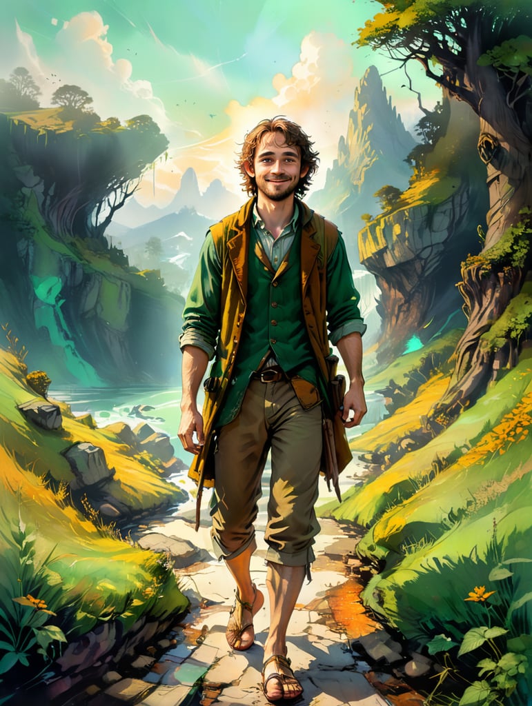 Hobbit man, barefoot, weed pipe, male, man, short, wavy brown hair, smile, lord of the rings, tolkien, barefoot, hobbit clothes yellow and green, the shire, intelligent, perceptive, cloak, waistcoat, stealthy, billhook, by riverbank