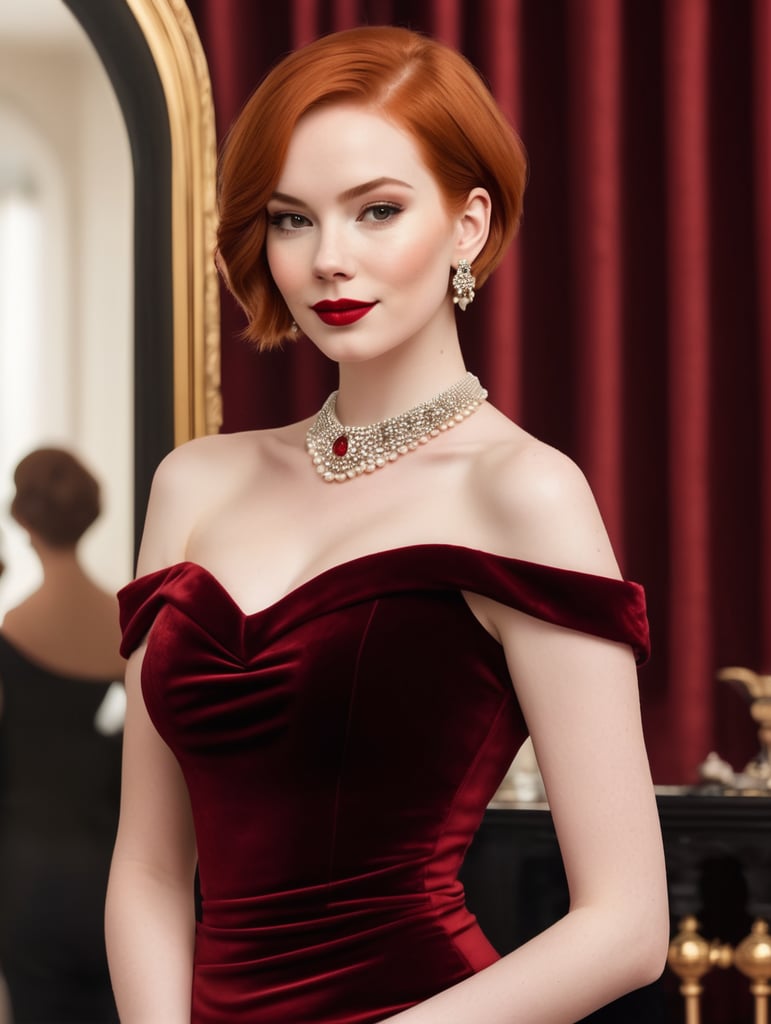 Young attractive red head. Short hair and very pale skin. Full body shot. Slightly curvy. Wearing a slinky red velvet dress with bare shoulders, short cut, short sleaves, black long gloves, fur lining and white pearl necklace and gold earrings