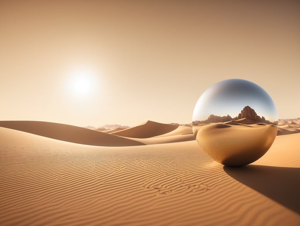 Create a surreal 3D image of a vast desert landscape with a single, oversized metallic object (e.g., a reflective sphere or floating cube) suspended in the air. The object casts a realistic shadow on the sand. The lighting is soft, resembling the golden hour, with a hazy, atmospheric background. The scene conveys a dreamlike, ethereal quality.