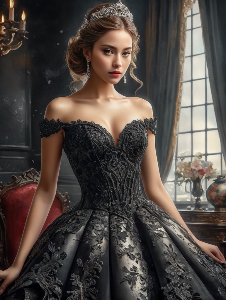 Recreate late girl wearing a black let's ball gown is standing. Let it be highly detailed and dynamic, on a clear white paper. Design that will shine. Use watercolor splatter art as complementary elements to add an intriguing pop of color that enhances the overall composition. Only black and white colors on the dress.Do not use any other colors on the dress. Present this fascinating work of art in a dazzling way. 8K resolution, poster, illustration,