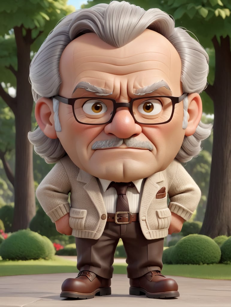 An elderly man with light gray hair and a bit of unshaven hair, thick light gray eyebrows, wearing a brown knitted cardigan, a white shirt with a bow tie, dark trousers with a leather belt, leather boots, thick-rimmed square glasses, an angry expression, on background of the park with trees and shrubs, sunny weather, bright colors, high quality details