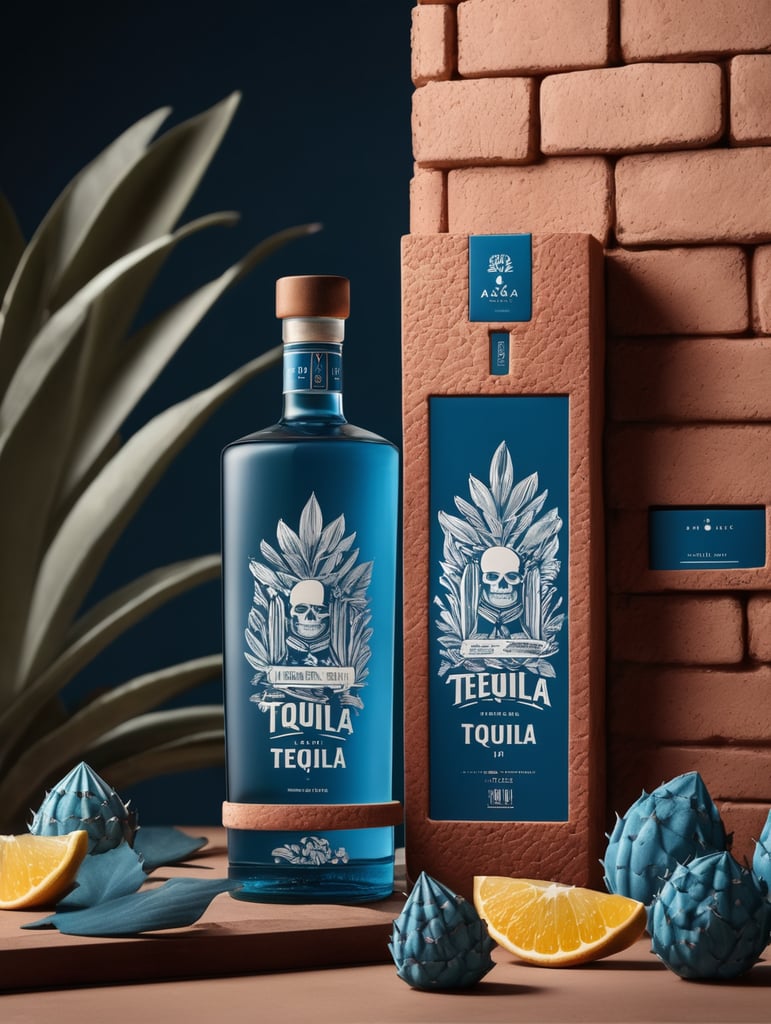 Packaging and branding for a tequila brand as if it had been designed by HI ESTUDIO with In a set design with bricks, Blue agave and dry leaves.