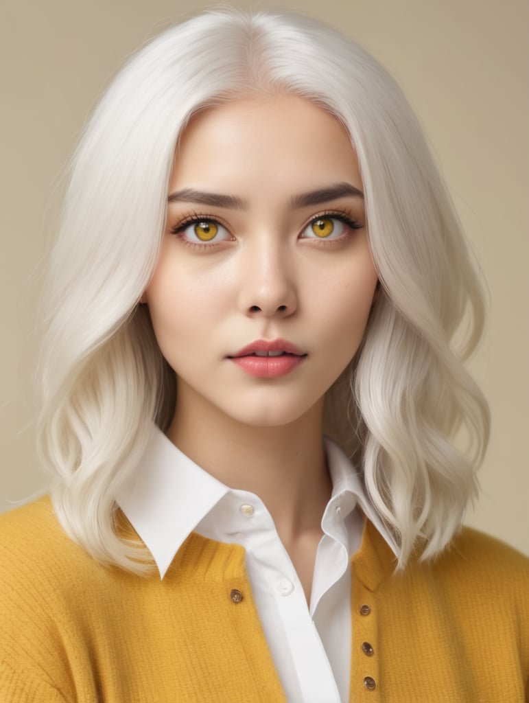 Girl, catlike white hair, catmouth, sharp eyes, white shirt with yellow sweater