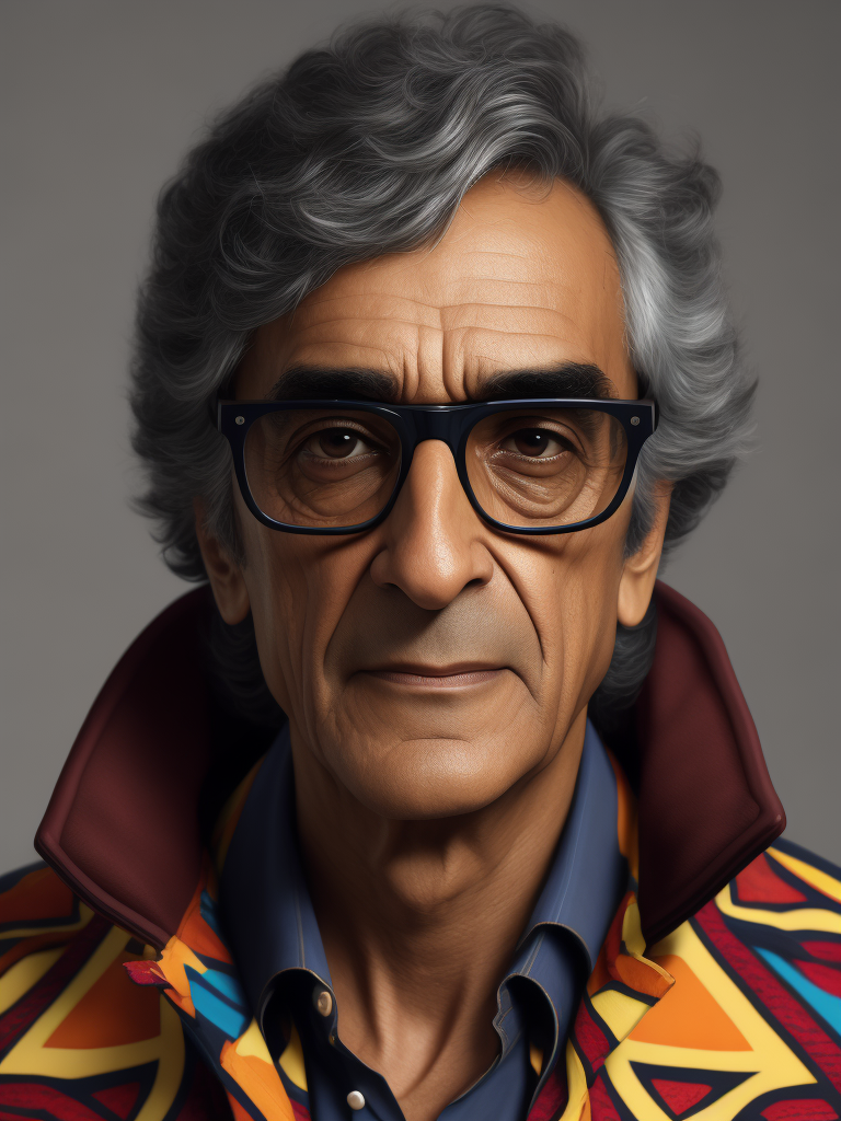 Caetano Veloso wearing a brightly patterned jacket and wayfarer glasses, Vivid saturated colors, Contrast color