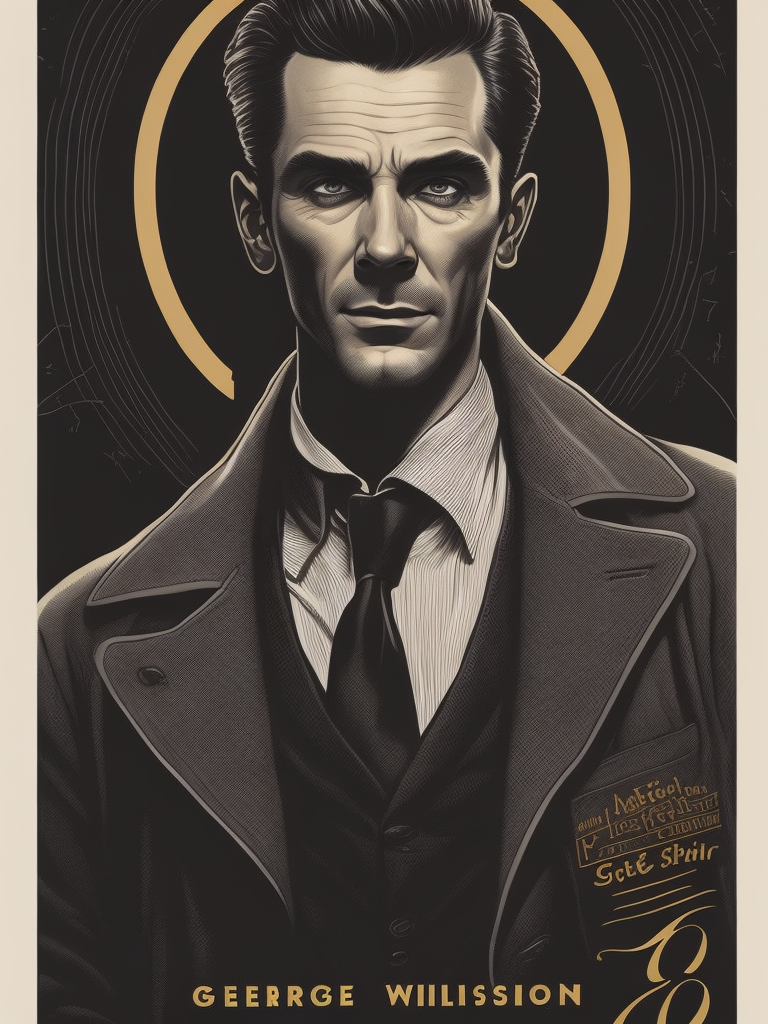 This artwork of a man by George Wilson is an eye-catching poster-style drawing and illustration representing the iconic pulp style.