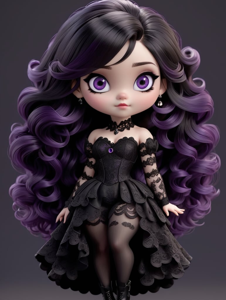 chibi. 3D . Black wavy hair. Black lace outfit. Purple eyes. Pale skin. Long black nails. 4k Quality. Dark background.