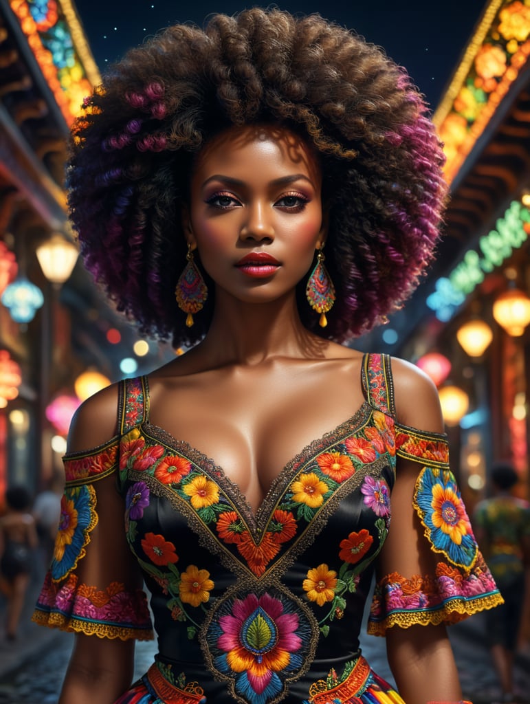 Beautiful hot black woman with afro hairstyle, wearing a colorful, vibrant, detailed embroidered dress, medium-full shot, at night