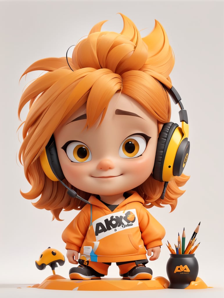 3D streetwear child character with brush and pencil inside 3d editor interface, paint curves at the white background, yellow and orange and black colors, headphones, long hair