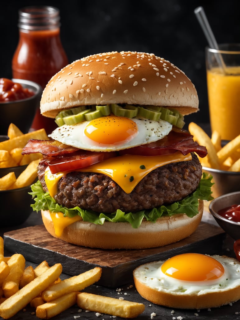 high quality cinematic food explosion hamburger with egg bacon cheese pickles ketchup fries