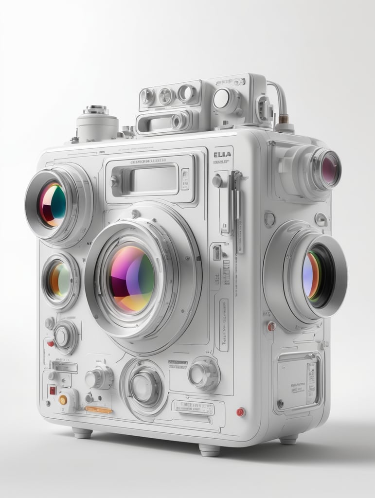 product photo, (retro cyber tech), reflective, Ella Guru, f8 aperture, a 3D render