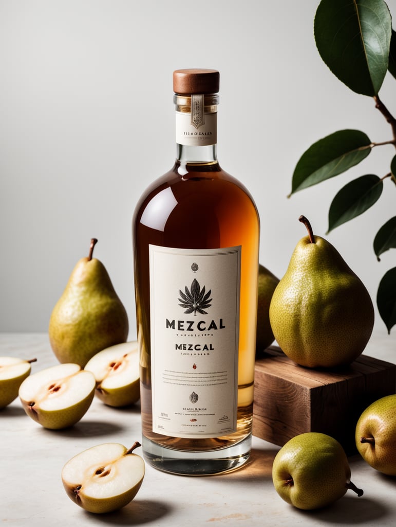 Packaging and branding for a mezcal brand as if it had been designed by HI ESTUDIO with In a set design with bricks, pears and dry leaves.