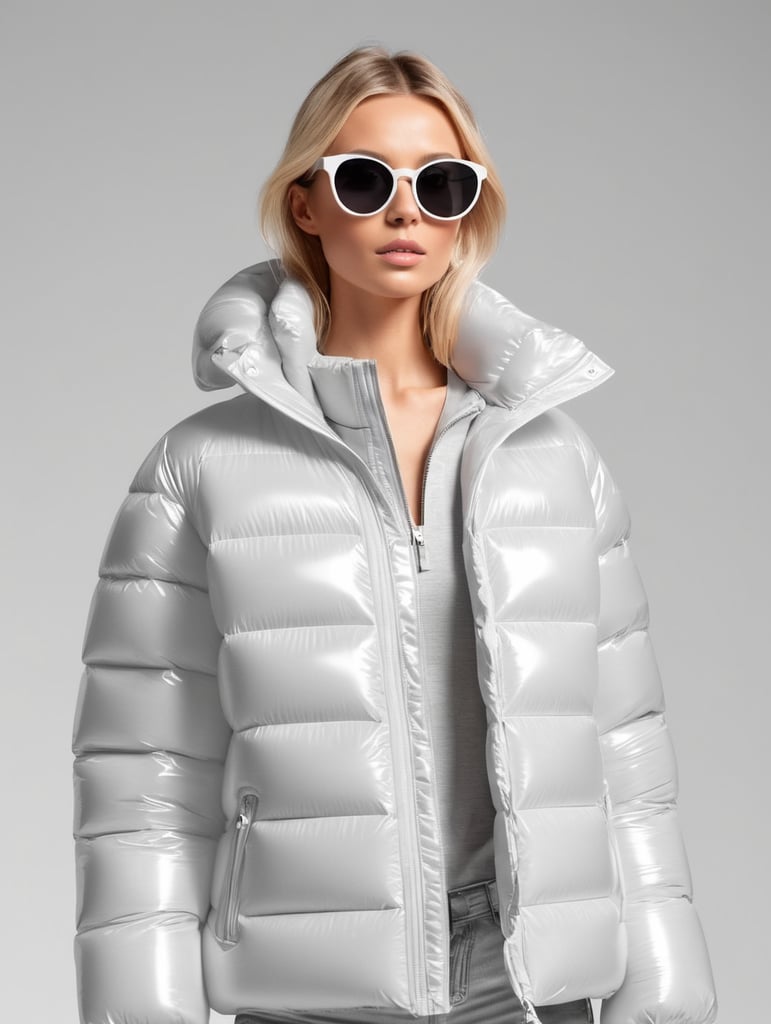 Inflatable white minimalist women's puffer jacket, wearing sunglasses, transparent, isolated, grey background, mockup