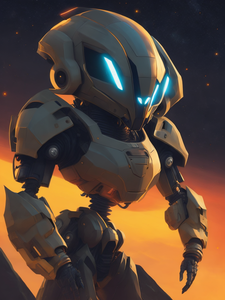 Fusion of a robot monster with an alien in the space, style of laurie greasley, studio ghibli, akira toriyama, james gilleard, genshin impact, trending pixiv fanbox, trending on artstation, low details, light colors, dark background, sharp shadows, sharp colors, simple, no complexity, make it as simple as possible, no deep details, low details