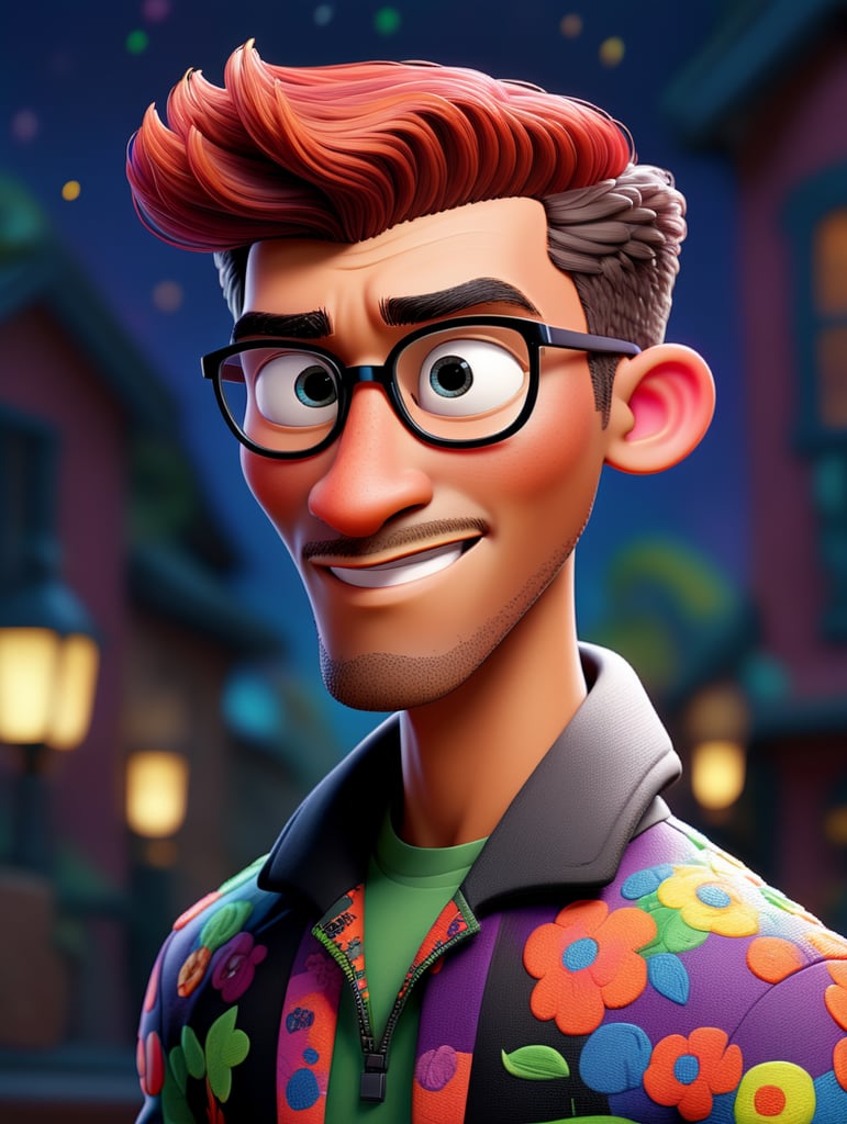 Beautiful black man with straight hair combed to the side, wearing square black glasses, wearing a colorful, vibrant and detailed embroidered jacket, using a computer, Disney Pixar 3d style image
