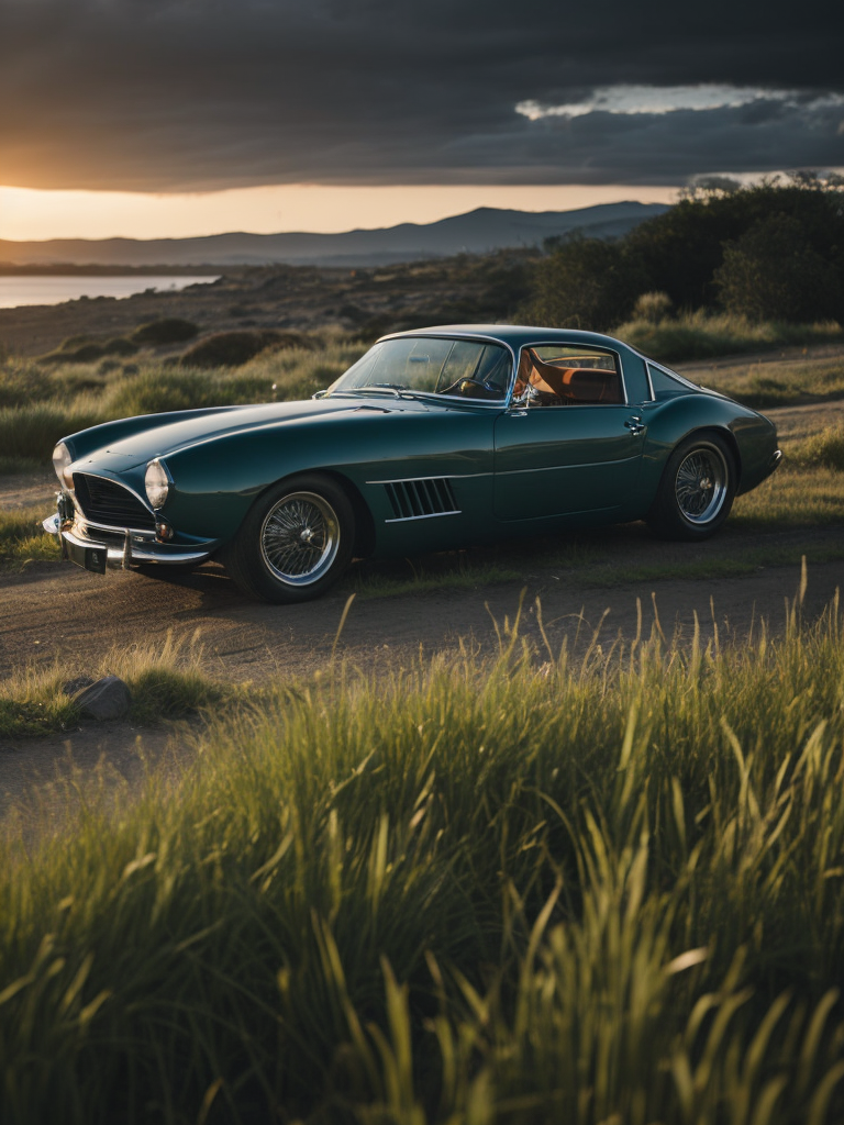beautiful old sport car at sunset volumetric light, detailed, sharp focus, highly detailed,
