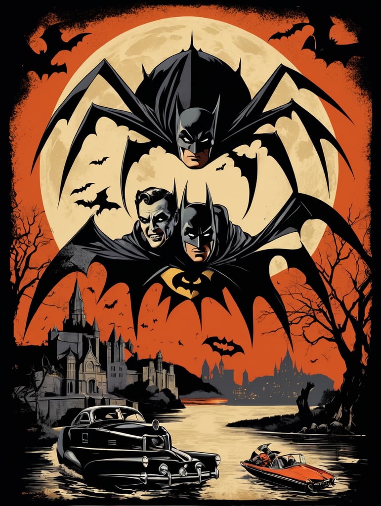 1950's b-movie horror halloween t-shirt print design featuring a batman and robin