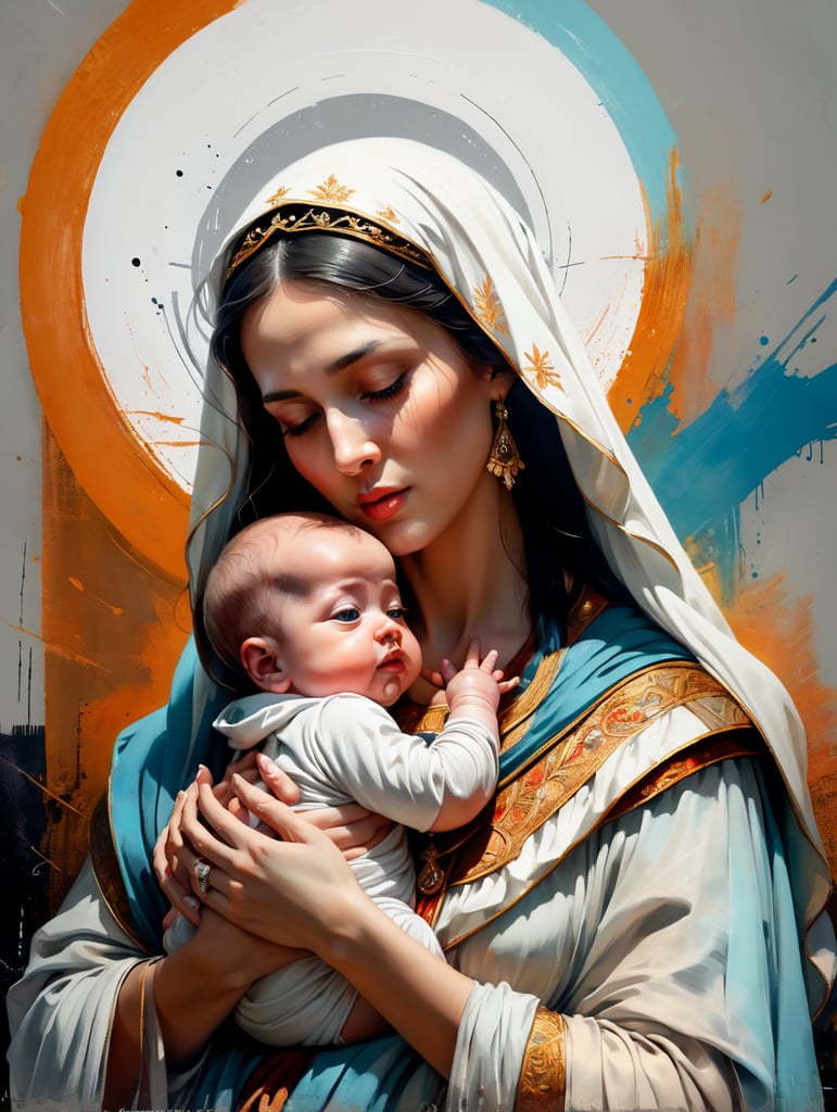 blessed virgin mary with baby jesus, renaissance painting, light, shadow, rRafael, carravagio style,