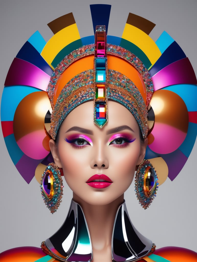 A beautiful female multicoloured pop sleek futuristic with huge headpiece center piece, clean makeup, with depth of field, captured in vivid colors, minimalist