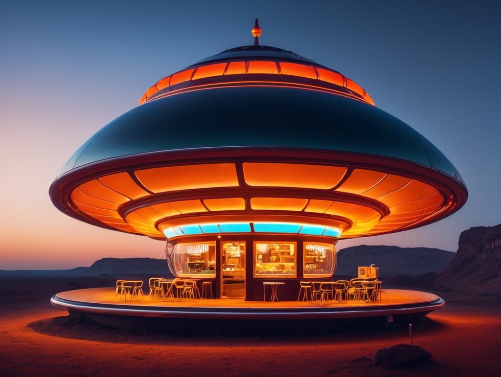 futuristic ufo cafe, mars, wasp shape, an night, neon, glass