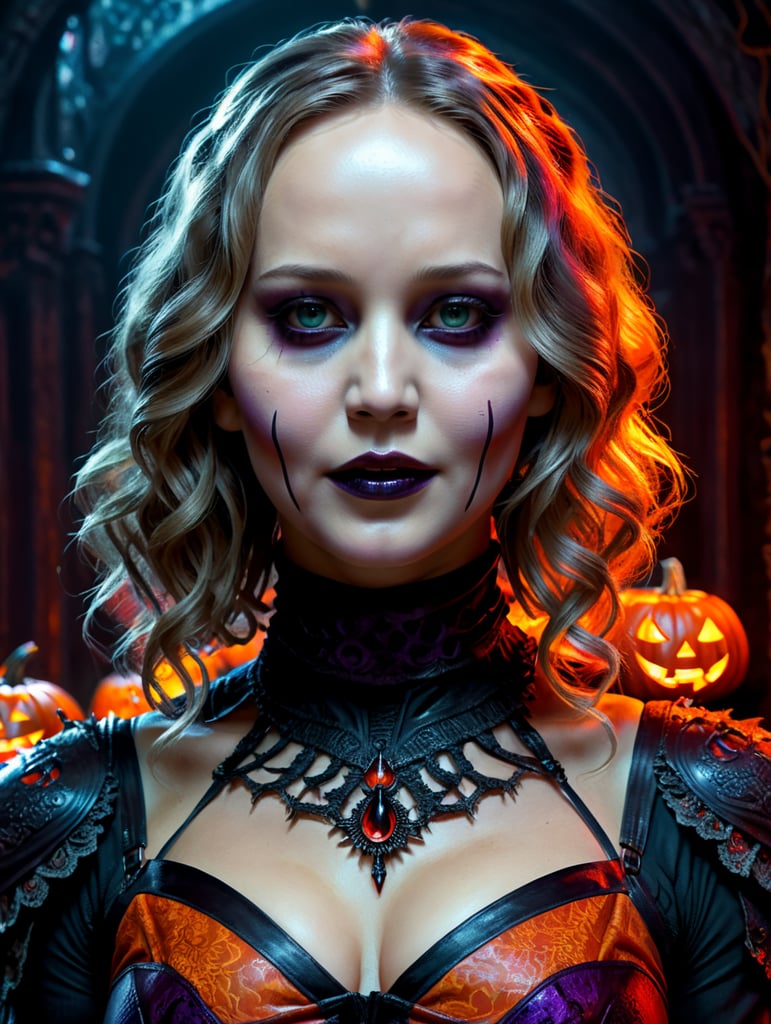 Jennifer Lawrence as a creepy evil character wearing a spooky Halloween costume, Vivid saturated colors, Contrast color