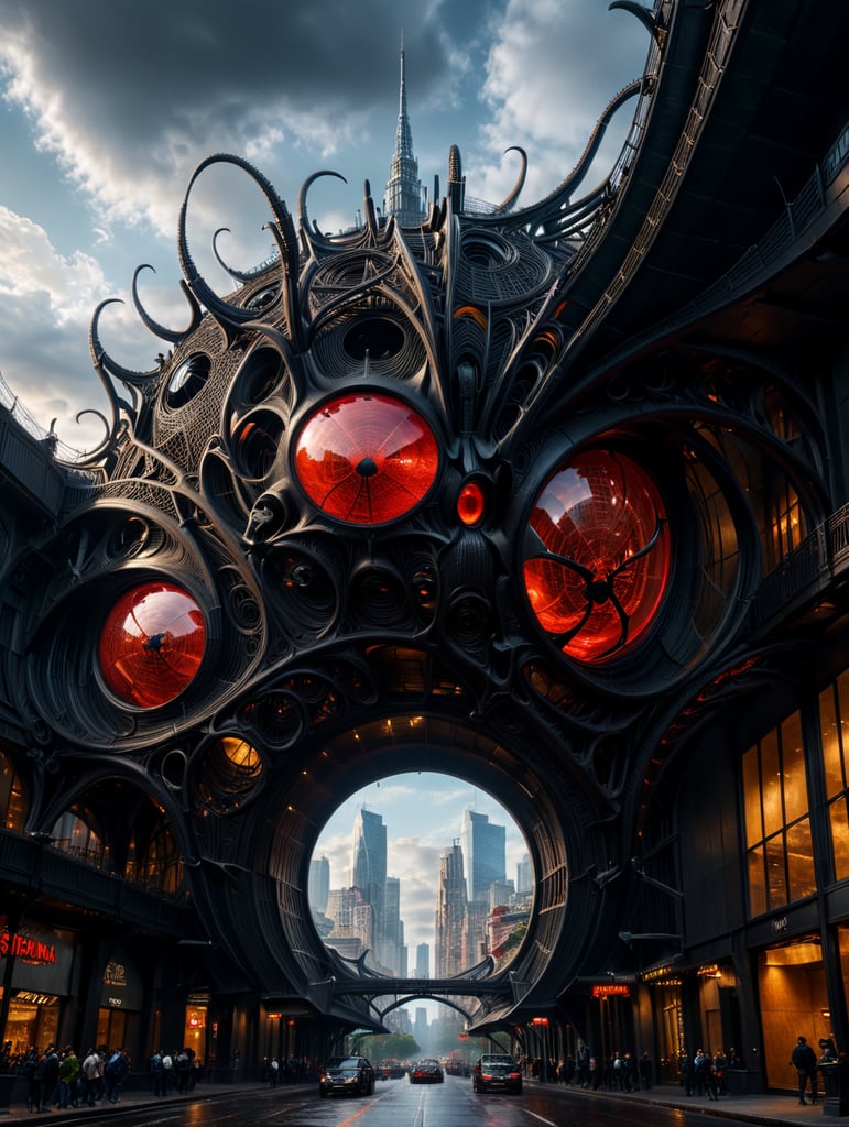 dream prompt: the craziest, bentwood, far view lens architectural modern style hyper realistic hyper detailed neocosmic exterior architecture design of a spider Fluid complex facade, geometric shapes spectrum, black::1 red:3, Antoine Blanchard architecture art style, in new york city, dramatic ambient, natural lighting, camera sony, 8k, --s1000 --style raw, you can imagine