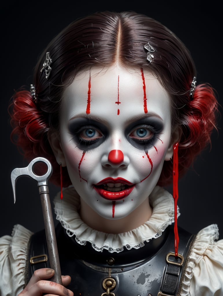 3d gothic porcelain doll as mimes with tears of blood hyper realistic 8k holding a pipe wrench