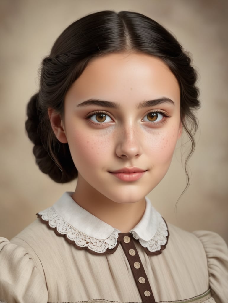 Early Nineteenth century nineteen year old girl, dark brown eyes, small heart shaped face with high cheekbones and fair skin with freckles with dainty nose