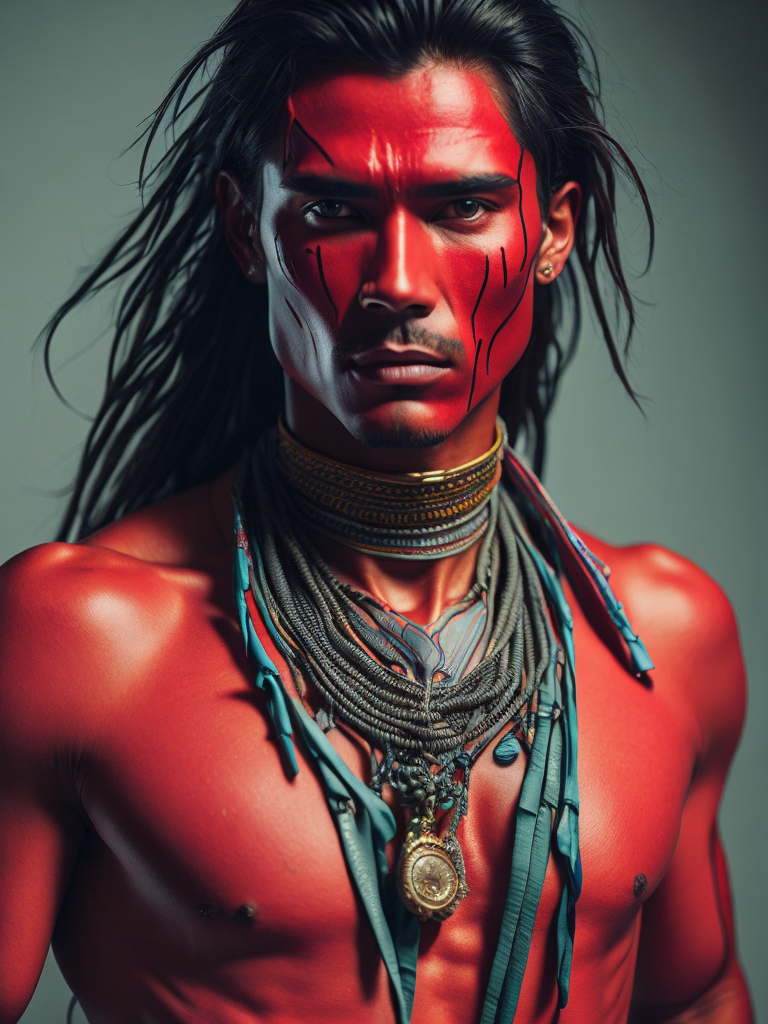 Native american warrior painted in red body paint with an amulet in his neck, highly detailed, digital painting, gradient background