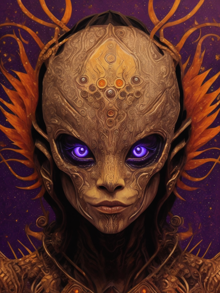 Portrait of an alien, batik, intricate details, surreal, Alien, Cyberpunk Trashcore Style, brown orange beige and purple, s 1000