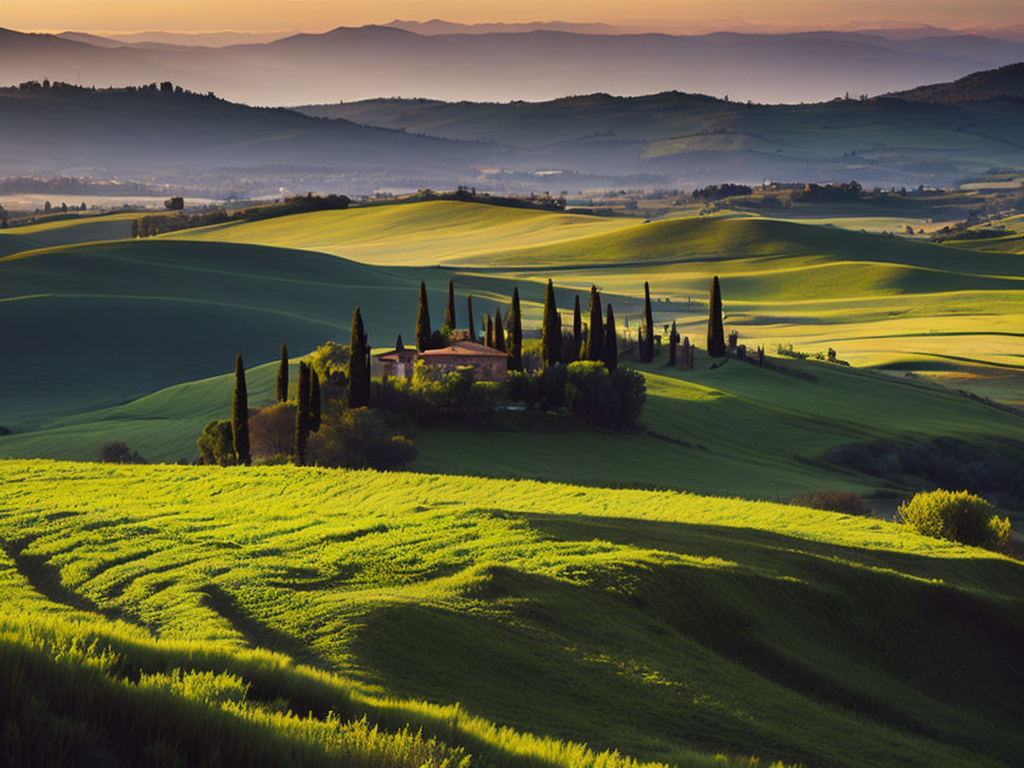 Generate a captivating image that showcases a tranquil Tuscan field at dawn. The field should be sprawling and filled with tall golden wheat, gently swaying with the breeze. A few scattered, ancient olive trees, their gnarled branches reaching up to the sky, dot the landscape. The sky above should be a magnificent mixture of warm oranges, pinks, and purples of the morning light, with the rising sun just peeping over the horizon. Nestled in the distant rolling hills, you can make out the silhouette of a charming Tuscan farmhouse, its red-tiled roof glowing in the dawn's first light. The overall atmosphere of the image should evoke a sense of peace and serenity, embodying the idyllic beauty of the Tuscan countryside.