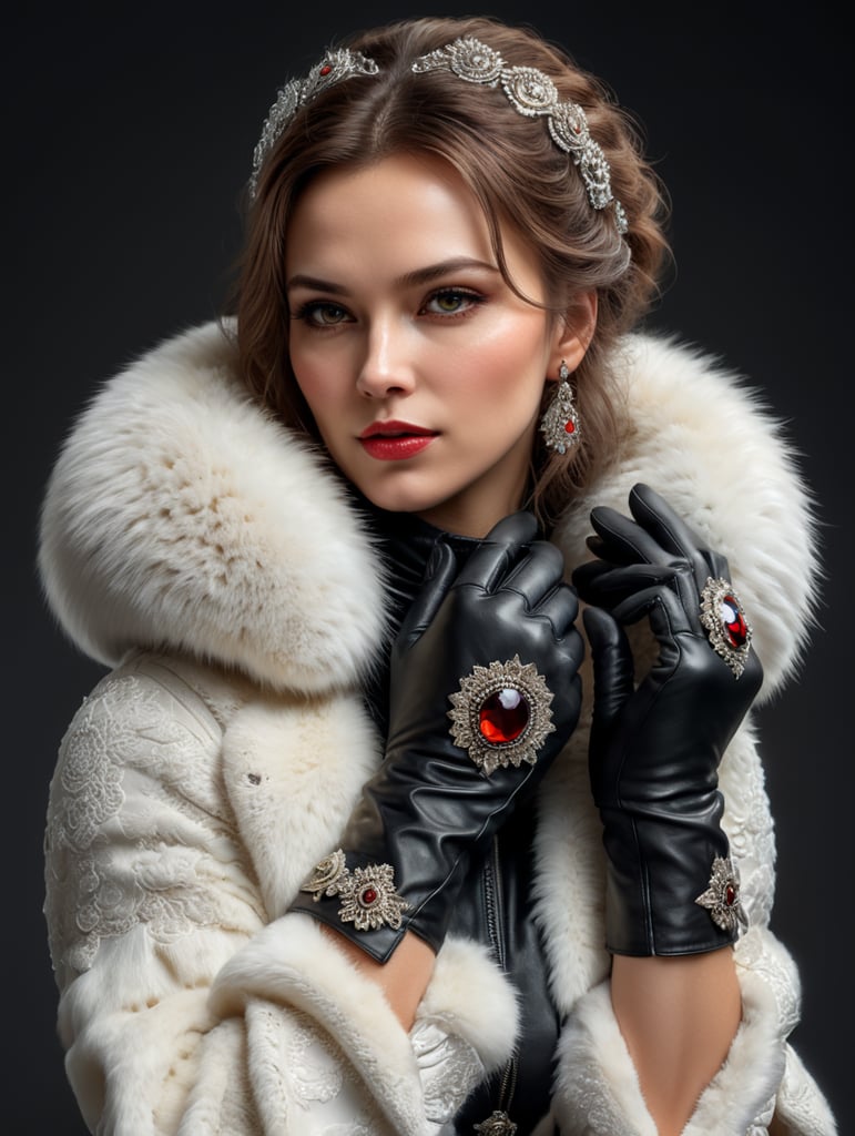 woman wearing fur gloves, white background, high quality