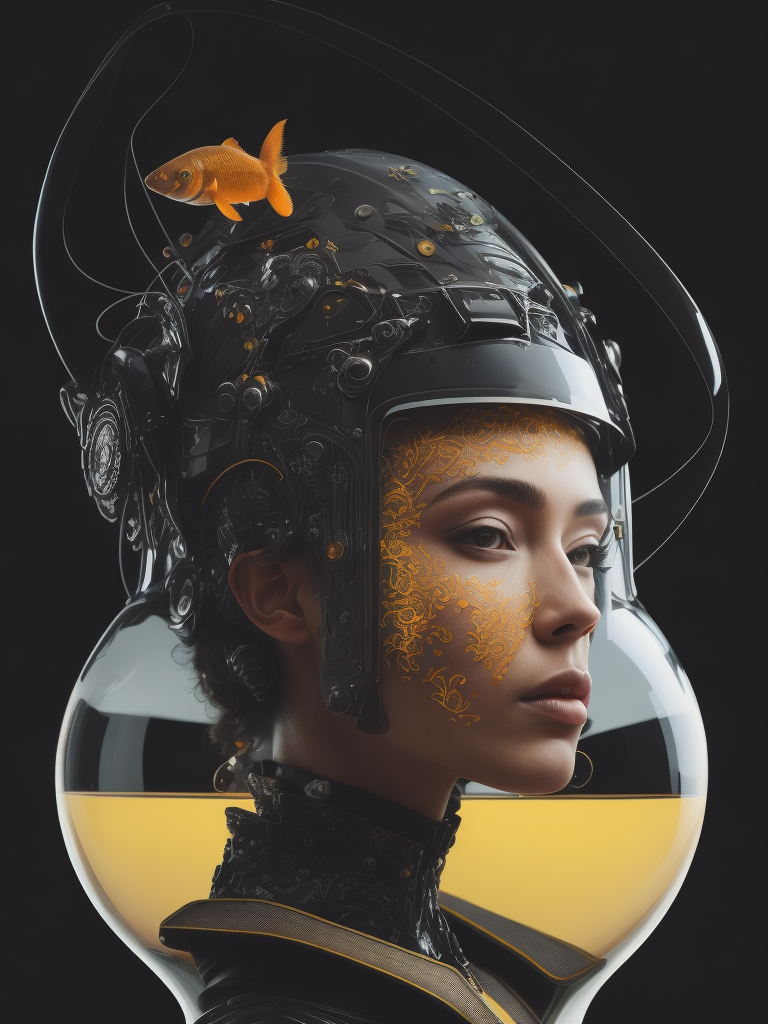 Surreal portrait, Cybernetic Biotech Peace Keeper with a fishbowl head with goldfish inside, biotech gear, armor made of bioluminescent black liquid mercury dripping upwards, cape flapping in the wind, cinematic lighting, Moebius and Pierre Soulages, hyperrealism, vibrant fantasy sci-fi realism, high-contrast