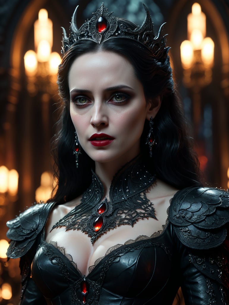 Vampire Queen, backlit, intricate details, highly detailed, slate atmosphere, cinematic, dimmed colors, dark shot, muted colors, film grain, lut, spooky, depth blur, blurry background dof, bokeh, realistic, realistic skin, Eva Green