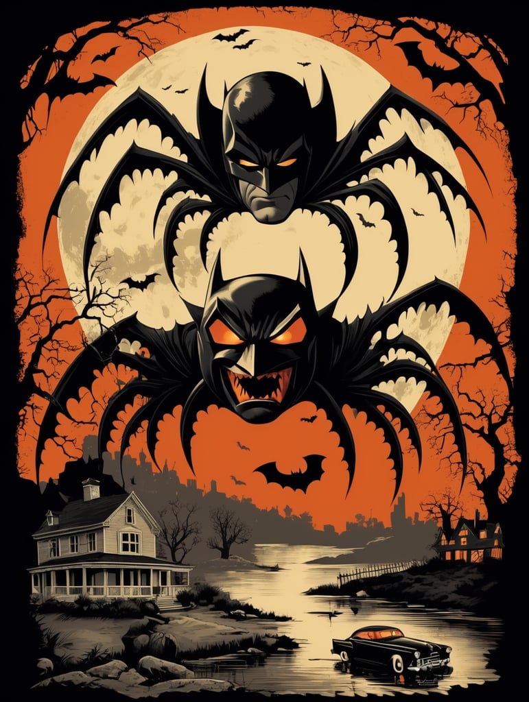 1950's b-movie horror halloween t-shirt print design featuring a giant batman shape
