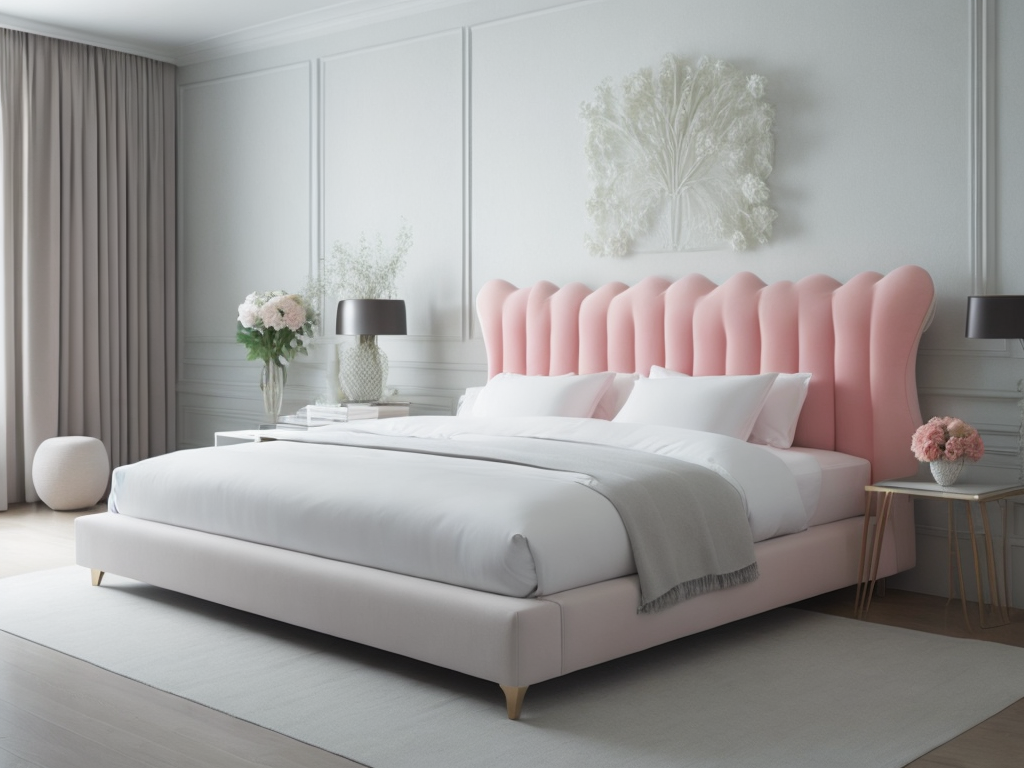 Bed. pinin farina , italian design, mix futuristic and art nouveau ,awesome,CORAL COLOR flowers print velvet, modern design , martin brudnisky Design Studio IN THE BOTTOM OF THE OCEAN armani milano cinematic, render, uktrasofisticated