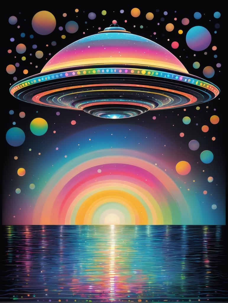 flying saucer over the sea close-up on a black background, multicolored, hologram, front view, design, in the style of naive art, pastel colors, vector graphics, bokeh, digital painting, soft lighting, black background