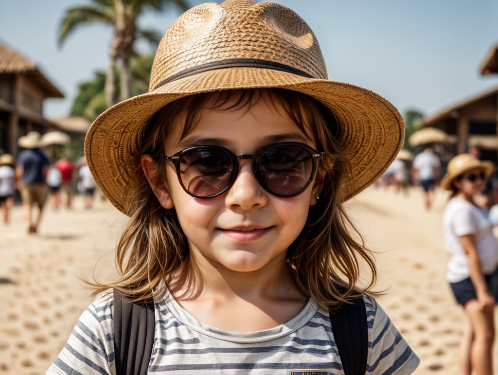 photo happy little girl going to travel, cute girl, Striped T-shirt, straw hat, sunglasses, harpers bizarre, cover, headshot, hyper realistic