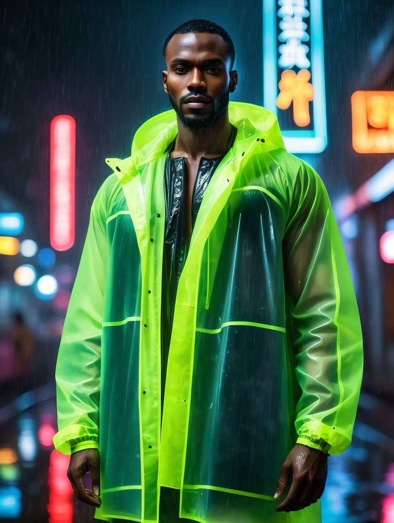 Portrait of A super model black African man wearing translucent raincoat, standing on a street under the heaviest rain, neon cyber city, dark night, neon signs,