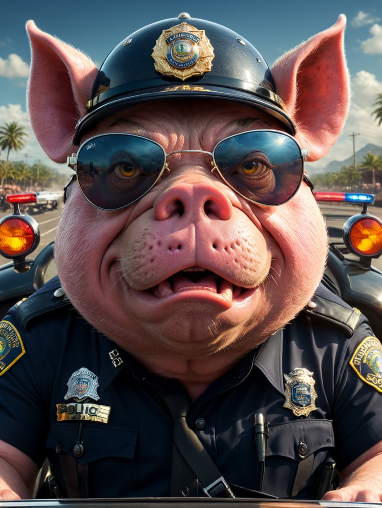 A angry pig police officer, sitting behind the wheel of a police car, close-up shot, sunglasses, clipart, stock photo