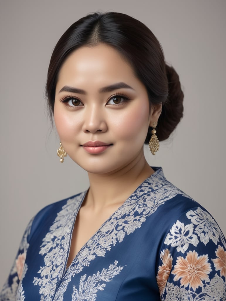 An Indonesian woman is slightly fat, chubby cheeks, flat nose, Slightly oval face shape,wearing a kebaya Blue ,No make up, white skin,Wearing a batik skirt