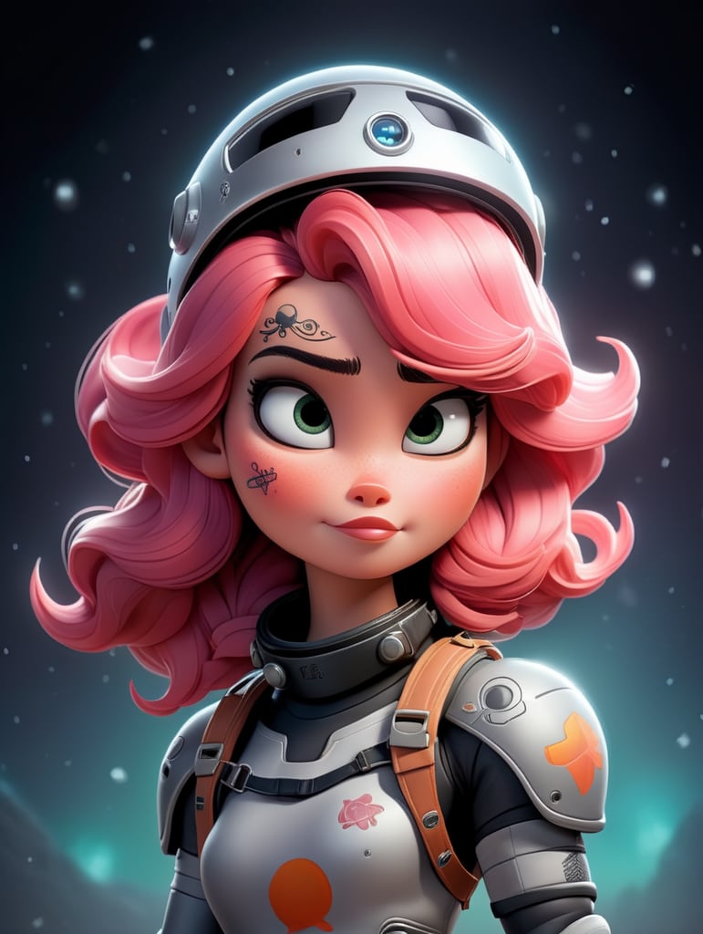 illustration of a female character named Aurora who is an astronaut using a helmet with tattoos