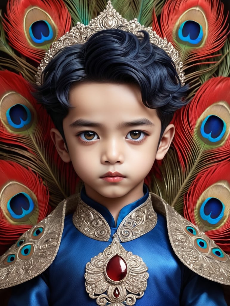 Please, draw a god-like beautiful boy with deep blue skin, coppery big eyes, red lips, curling black hair, and peacock feathers in his hair.