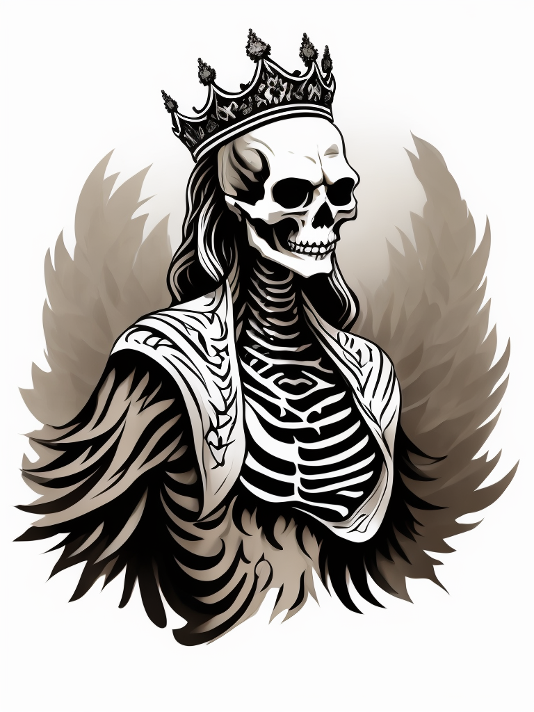 A vector art of a queen skeleton tattoo, linocut, white background, albrecht durer