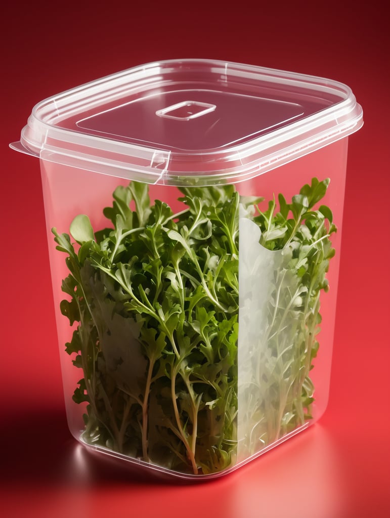 blank Transparent Plastic Container with Arugula Salad, isolated, red background, Mockup, mock up