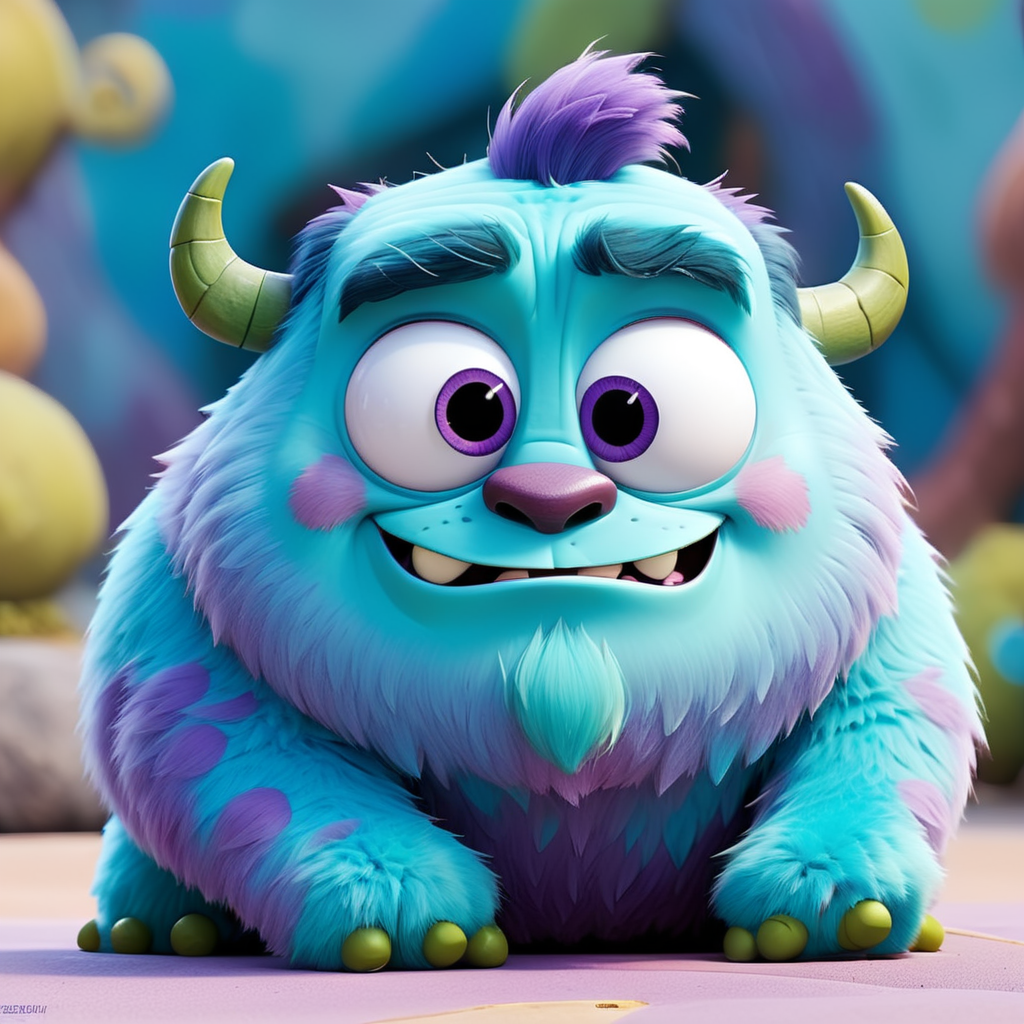 Sulley, Monsters Inc, fluffy, fur, purple circular spots, Disney, face down butt up