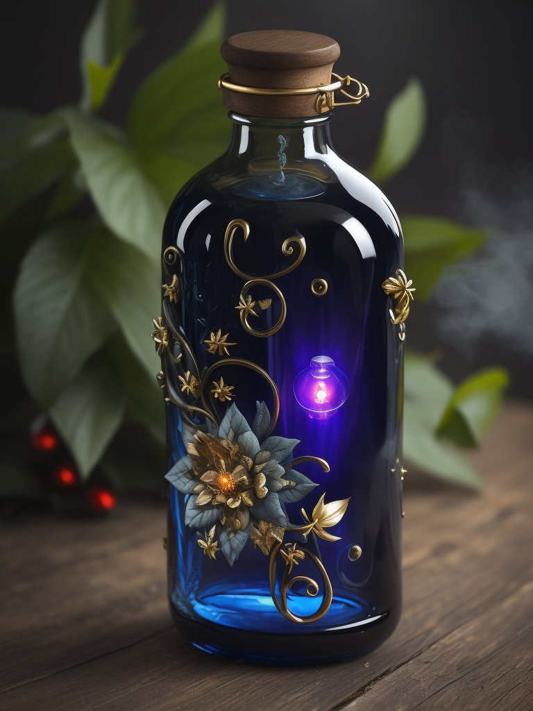 Magic elixir bottle from, carved glass, decorated with flowers and gems, fairy atmosphere, illumination, dark blue color, smoke