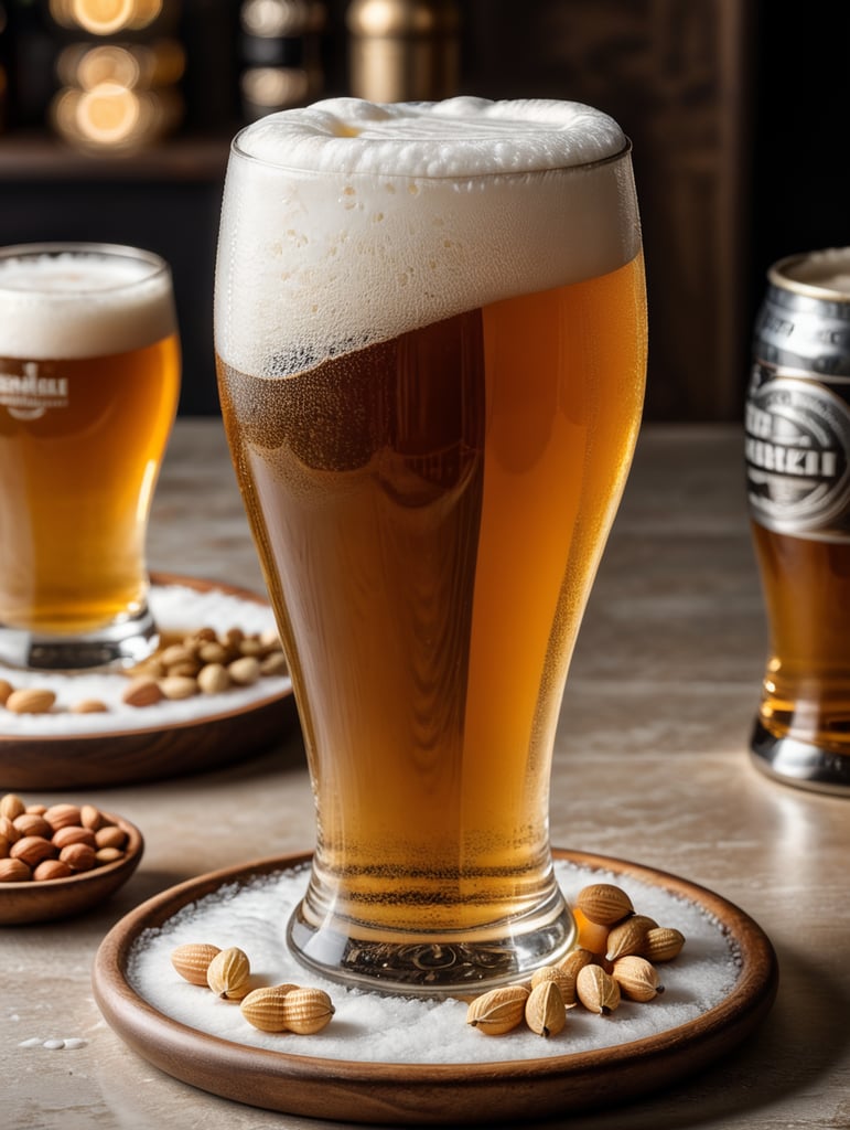 small round stainless steel plate filled with dry peanuts, one gorgeous pint of beer, beer swirl inside glass, one inch of white foam on top, transparent beer, frozen glass, advertisement, highly detailed