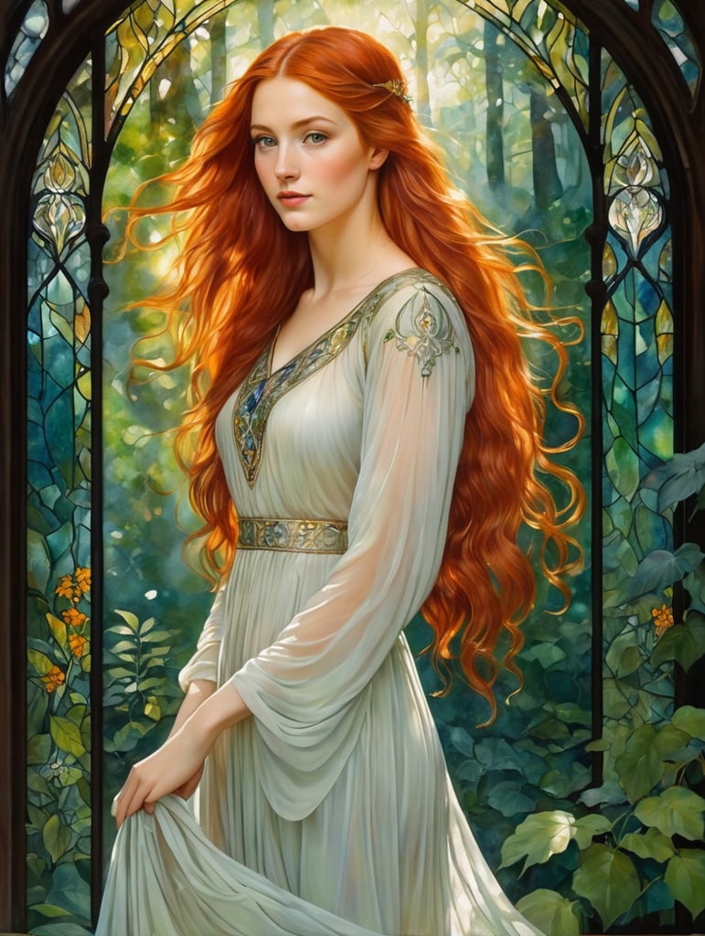 A red-haired young beautiful girl with long hair and a light dress against the backdrop of a dense forest, painting, oil, water color, Gouache, Stained Glass, style of Edward Burne-Jones
